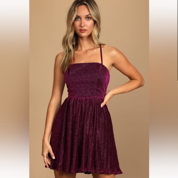 NWT Lulus Party Era Magenta Sparkly Lace-Up Pleated Skater Dress - Picture 1 of 9